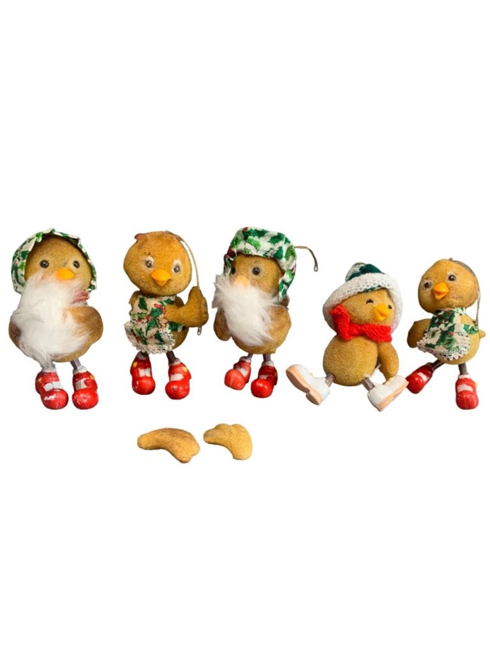 Morgan Inc. Fuzzy Christmas Bird Ornaments Set Red Boots Vintage